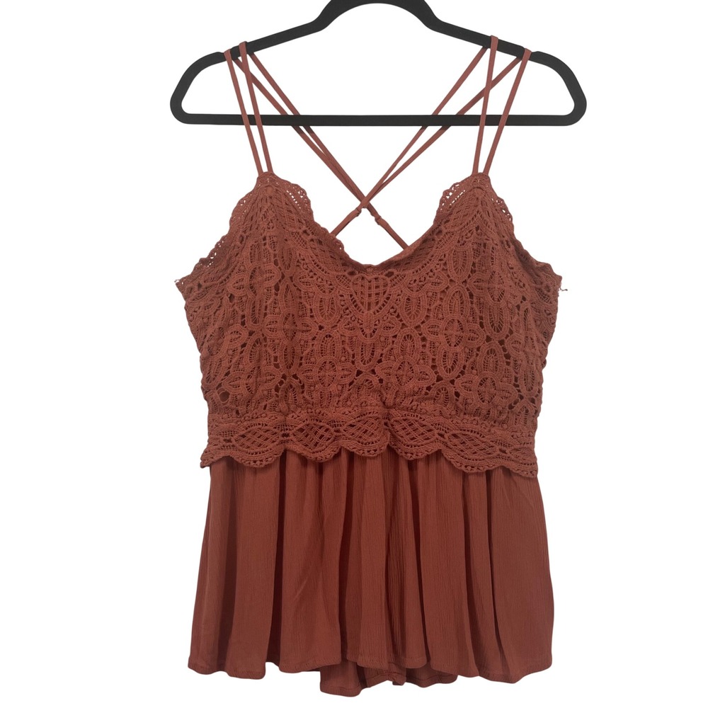 Maurices Women Medium Cami Top Rust Crochet Lace Smocked Back Boho Peplum‎